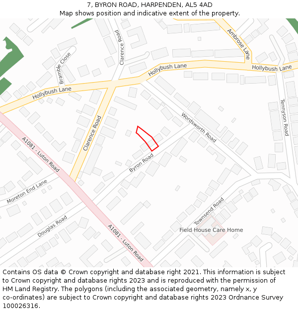 7, BYRON ROAD, HARPENDEN, AL5 4AD: Location map and indicative extent of plot