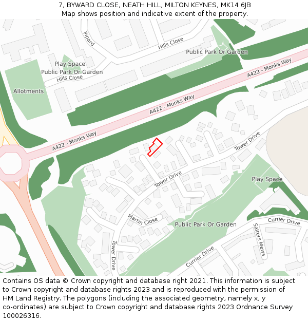 7, BYWARD CLOSE, NEATH HILL, MILTON KEYNES, MK14 6JB: Location map and indicative extent of plot