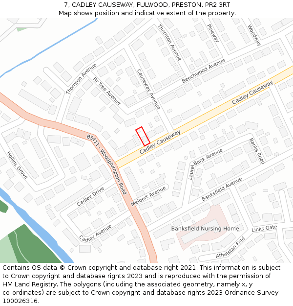 7, CADLEY CAUSEWAY, FULWOOD, PRESTON, PR2 3RT: Location map and indicative extent of plot