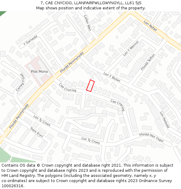 7, CAE CNYCIOG, LLANFAIRPWLLGWYNGYLL, LL61 5JS: Location map and indicative extent of plot