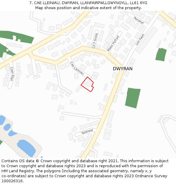 7, CAE LLEINIAU, DWYRAN, LLANFAIRPWLLGWYNGYLL, LL61 6YG: Location map and indicative extent of plot