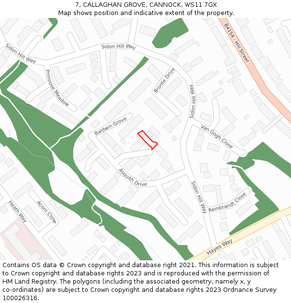 7, CALLAGHAN GROVE, CANNOCK, WS11 7GX: Location map and indicative extent of plot