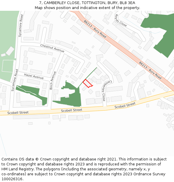 7, CAMBERLEY CLOSE, TOTTINGTON, BURY, BL8 3EA: Location map and indicative extent of plot