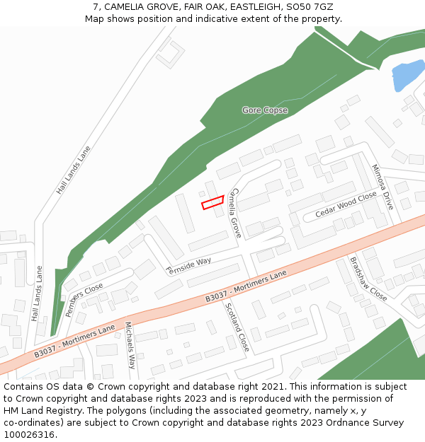 7, CAMELIA GROVE, FAIR OAK, EASTLEIGH, SO50 7GZ: Location map and indicative extent of plot