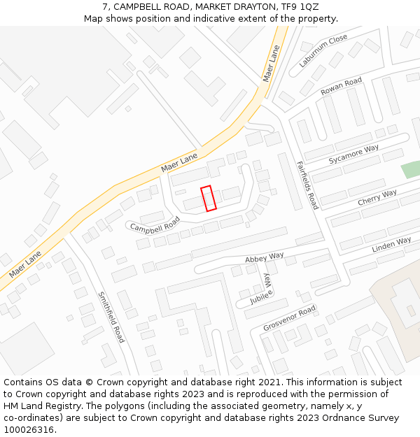 7, CAMPBELL ROAD, MARKET DRAYTON, TF9 1QZ: Location map and indicative extent of plot