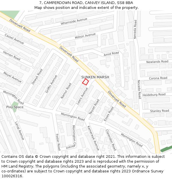 7, CAMPERDOWN ROAD, CANVEY ISLAND, SS8 8BA: Location map and indicative extent of plot