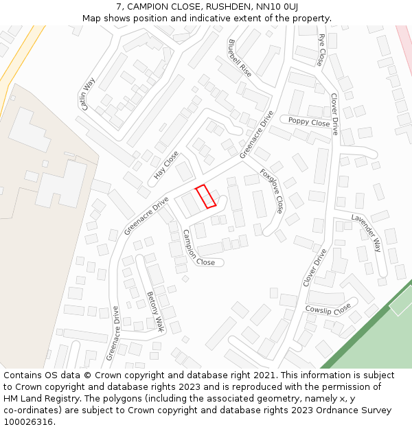 7, CAMPION CLOSE, RUSHDEN, NN10 0UJ: Location map and indicative extent of plot