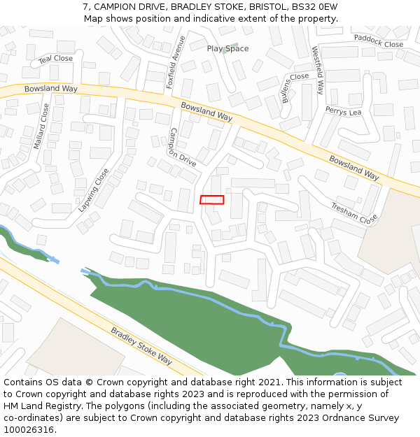 7, CAMPION DRIVE, BRADLEY STOKE, BRISTOL, BS32 0EW: Location map and indicative extent of plot