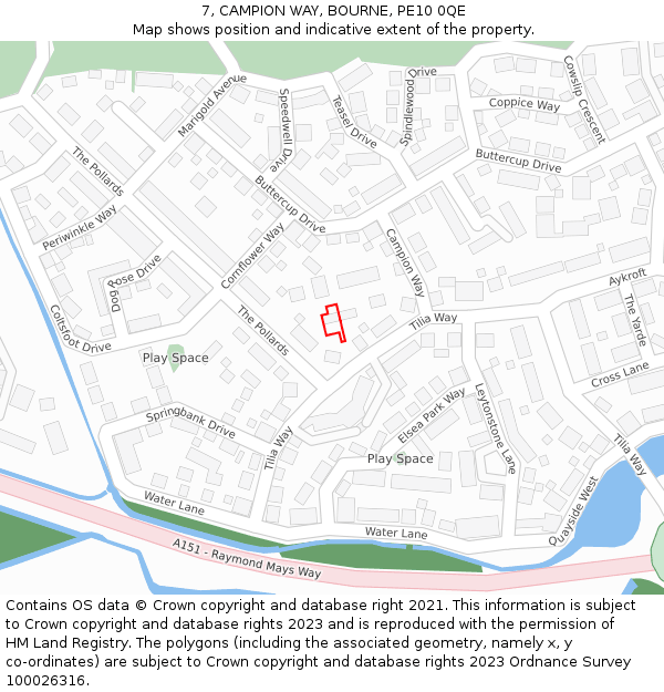 7, CAMPION WAY, BOURNE, PE10 0QE: Location map and indicative extent of plot