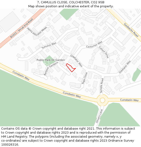 7, CAMULUS CLOSE, COLCHESTER, CO2 9SB: Location map and indicative extent of plot