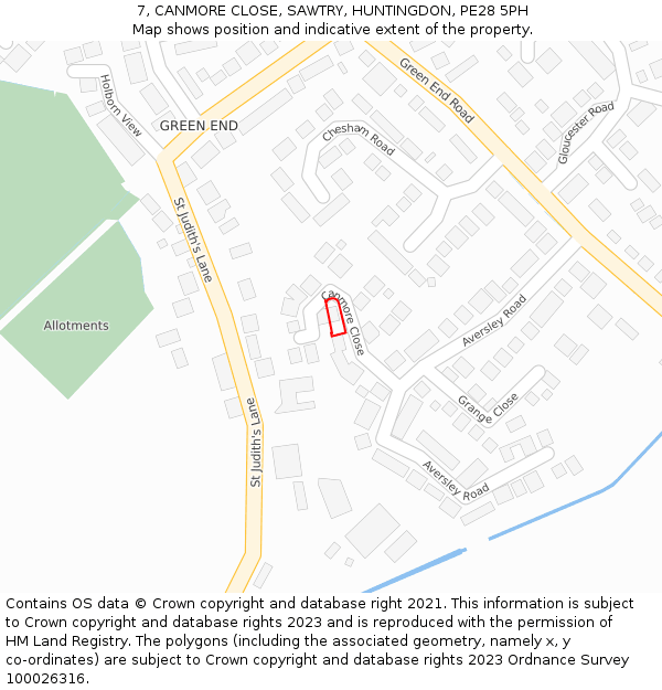 7, CANMORE CLOSE, SAWTRY, HUNTINGDON, PE28 5PH: Location map and indicative extent of plot