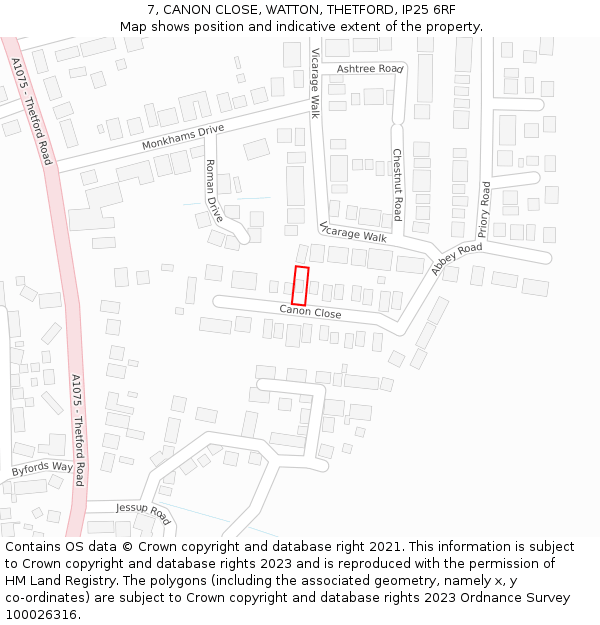 7, CANON CLOSE, WATTON, THETFORD, IP25 6RF: Location map and indicative extent of plot