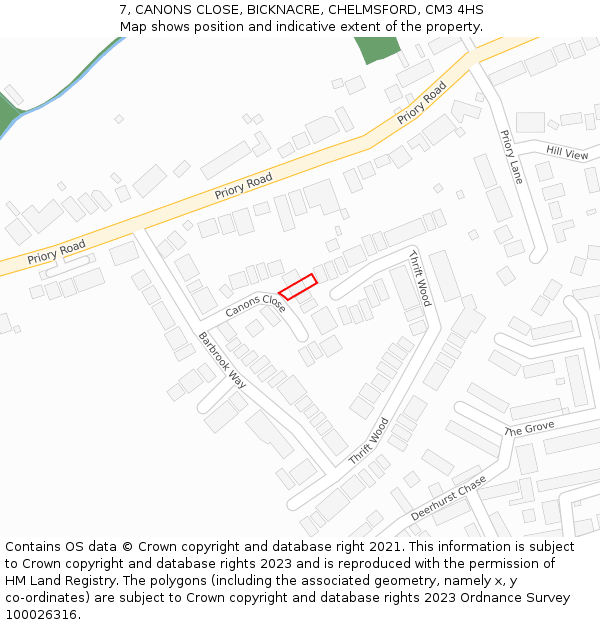 7, CANONS CLOSE, BICKNACRE, CHELMSFORD, CM3 4HS: Location map and indicative extent of plot