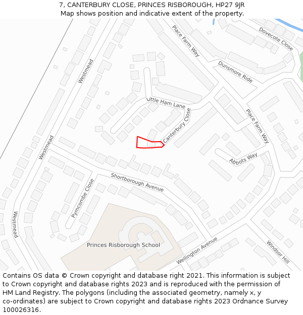 7, CANTERBURY CLOSE, PRINCES RISBOROUGH, HP27 9JR: Location map and indicative extent of plot