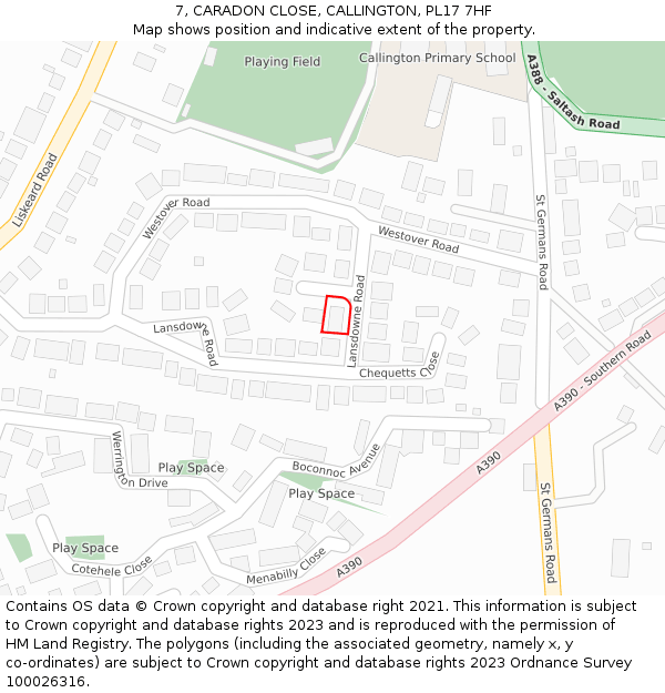 7, CARADON CLOSE, CALLINGTON, PL17 7HF: Location map and indicative extent of plot