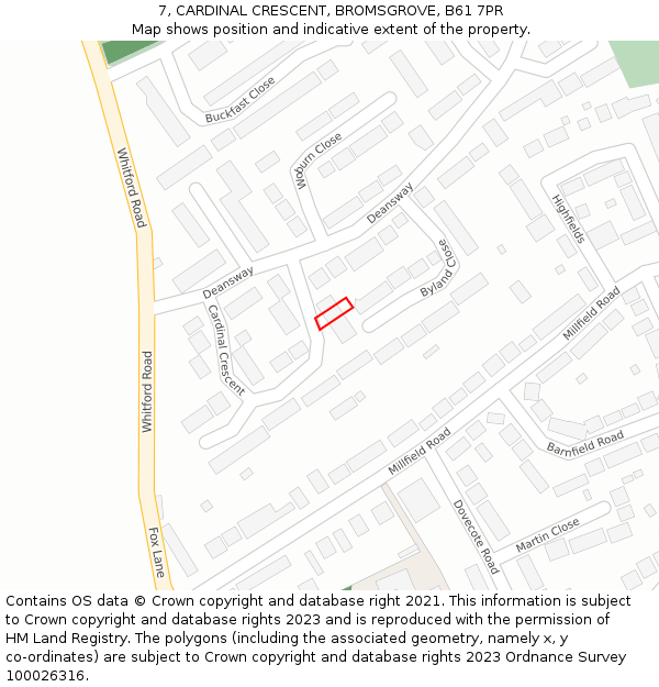 7, CARDINAL CRESCENT, BROMSGROVE, B61 7PR: Location map and indicative extent of plot