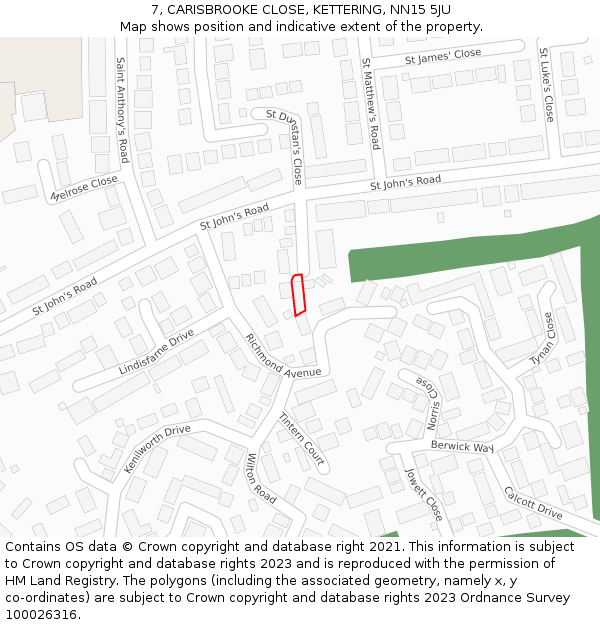 7, CARISBROOKE CLOSE, KETTERING, NN15 5JU: Location map and indicative extent of plot