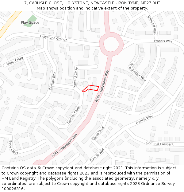 7, CARLISLE CLOSE, HOLYSTONE, NEWCASTLE UPON TYNE, NE27 0UT: Location map and indicative extent of plot