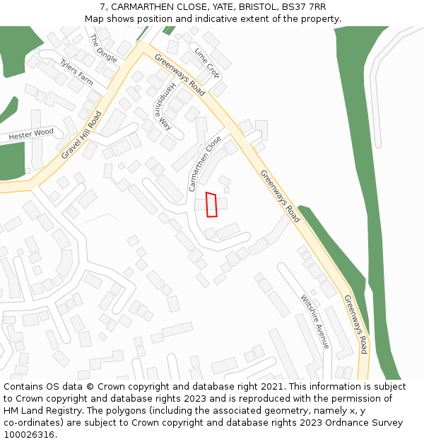 7, CARMARTHEN CLOSE, YATE, BRISTOL, BS37 7RR: Location map and indicative extent of plot