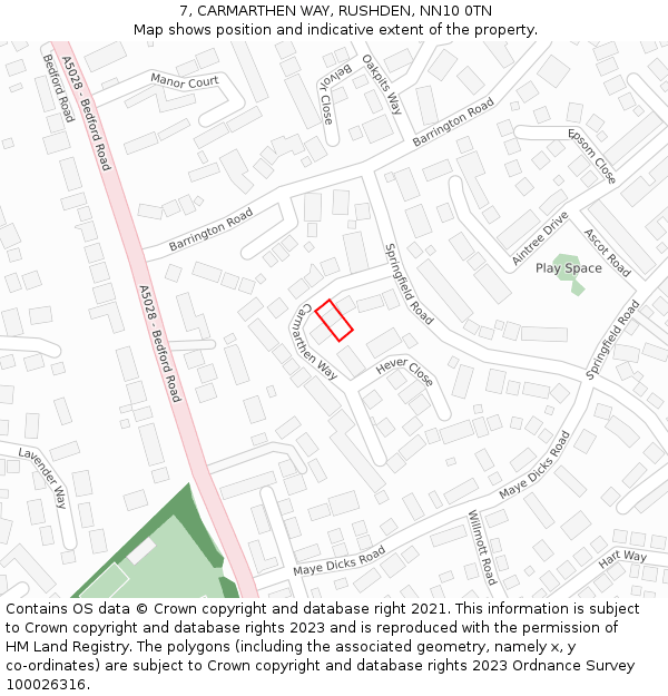 7, CARMARTHEN WAY, RUSHDEN, NN10 0TN: Location map and indicative extent of plot