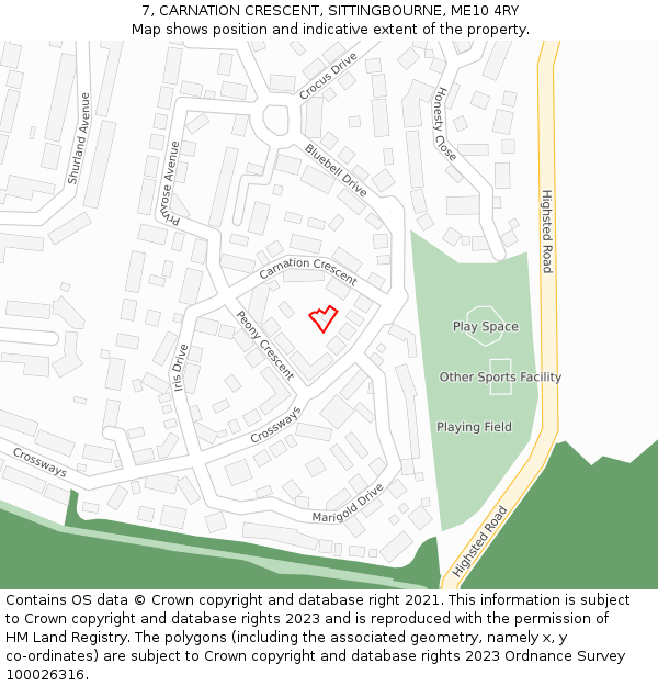 7, CARNATION CRESCENT, SITTINGBOURNE, ME10 4RY: Location map and indicative extent of plot