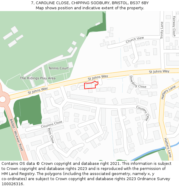 7, CAROLINE CLOSE, CHIPPING SODBURY, BRISTOL, BS37 6BY: Location map and indicative extent of plot