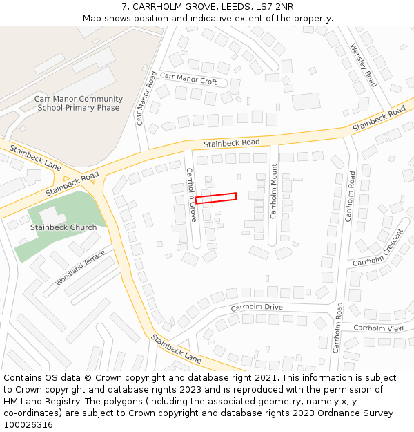 7, CARRHOLM GROVE, LEEDS, LS7 2NR: Location map and indicative extent of plot