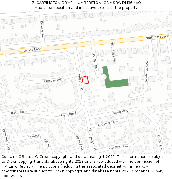 7, CARRINGTON DRIVE, HUMBERSTON, GRIMSBY, DN36 4XQ: Location map and indicative extent of plot