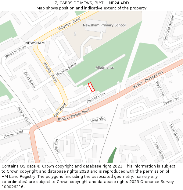 7, CARRSIDE MEWS, BLYTH, NE24 4DD: Location map and indicative extent of plot