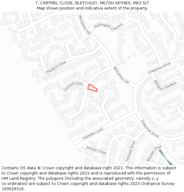 7, CARTMEL CLOSE, BLETCHLEY, MILTON KEYNES, MK3 5LT: Location map and indicative extent of plot