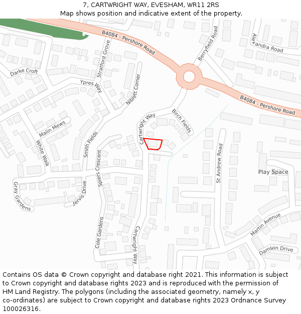 7, CARTWRIGHT WAY, EVESHAM, WR11 2RS: Location map and indicative extent of plot