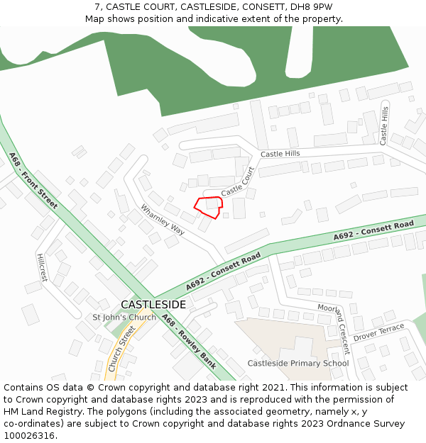 7, CASTLE COURT, CASTLESIDE, CONSETT, DH8 9PW: Location map and indicative extent of plot