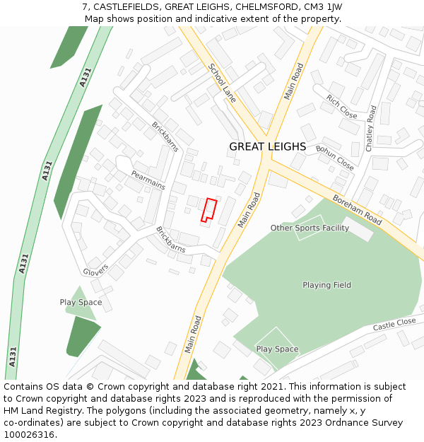 7, CASTLEFIELDS, GREAT LEIGHS, CHELMSFORD, CM3 1JW: Location map and indicative extent of plot