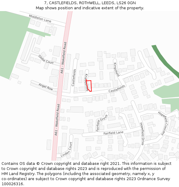 7, CASTLEFIELDS, ROTHWELL, LEEDS, LS26 0GN: Location map and indicative extent of plot