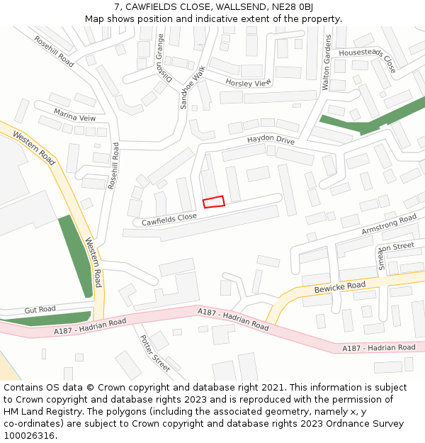 7, CAWFIELDS CLOSE, WALLSEND, NE28 0BJ: Location map and indicative extent of plot