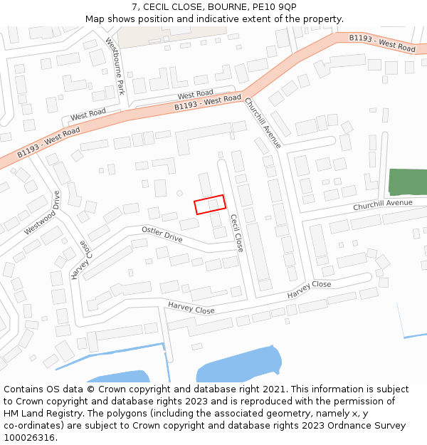 7, CECIL CLOSE, BOURNE, PE10 9QP: Location map and indicative extent of plot