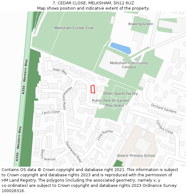 7, CEDAR CLOSE, MELKSHAM, SN12 6UZ: Location map and indicative extent of plot