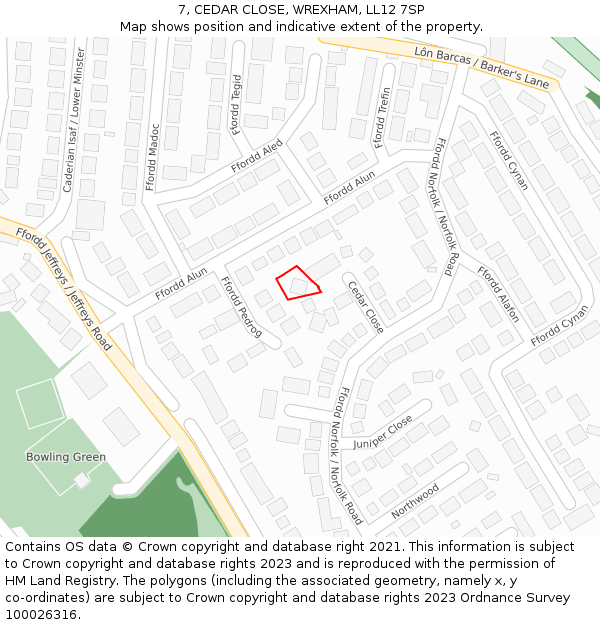 7, CEDAR CLOSE, WREXHAM, LL12 7SP: Location map and indicative extent of plot