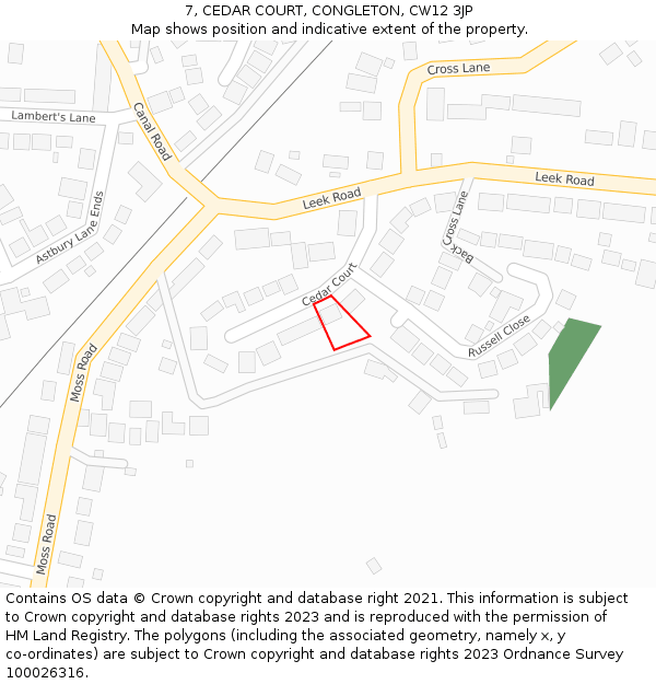 7, CEDAR COURT, CONGLETON, CW12 3JP: Location map and indicative extent of plot