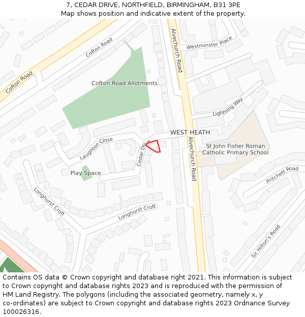 7, CEDAR DRIVE, NORTHFIELD, BIRMINGHAM, B31 3PE: Location map and indicative extent of plot