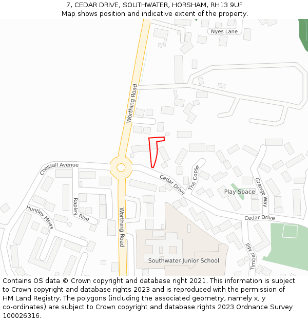 7, CEDAR DRIVE, SOUTHWATER, HORSHAM, RH13 9UF: Location map and indicative extent of plot