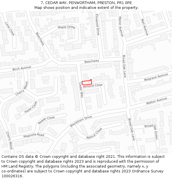 7, CEDAR WAY, PENWORTHAM, PRESTON, PR1 0PE: Location map and indicative extent of plot