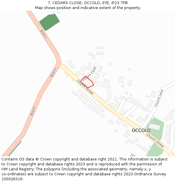 7, CEDARS CLOSE, OCCOLD, EYE, IP23 7PB: Location map and indicative extent of plot