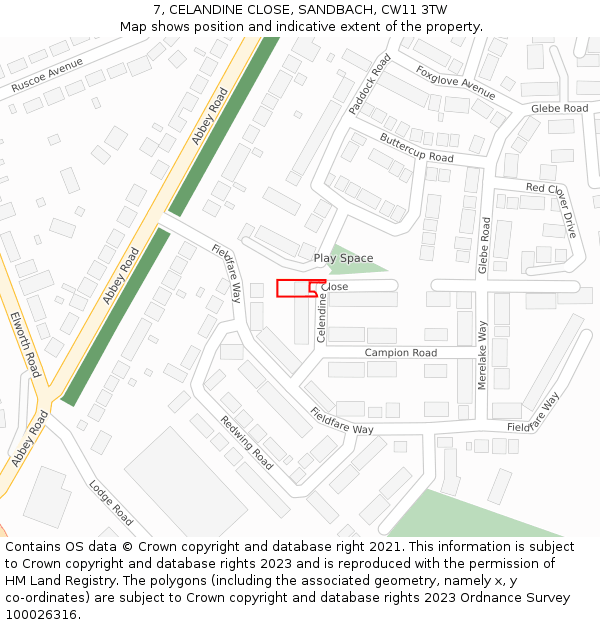 7, CELANDINE CLOSE, SANDBACH, CW11 3TW: Location map and indicative extent of plot