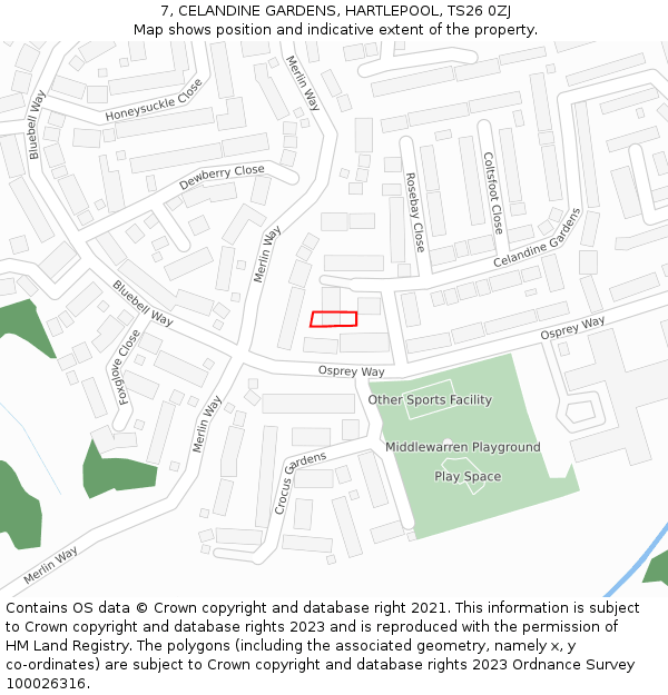 7, CELANDINE GARDENS, HARTLEPOOL, TS26 0ZJ: Location map and indicative extent of plot