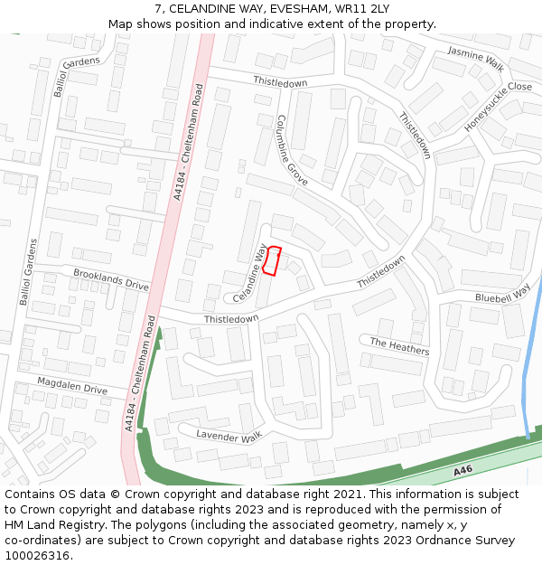 7, CELANDINE WAY, EVESHAM, WR11 2LY: Location map and indicative extent of plot