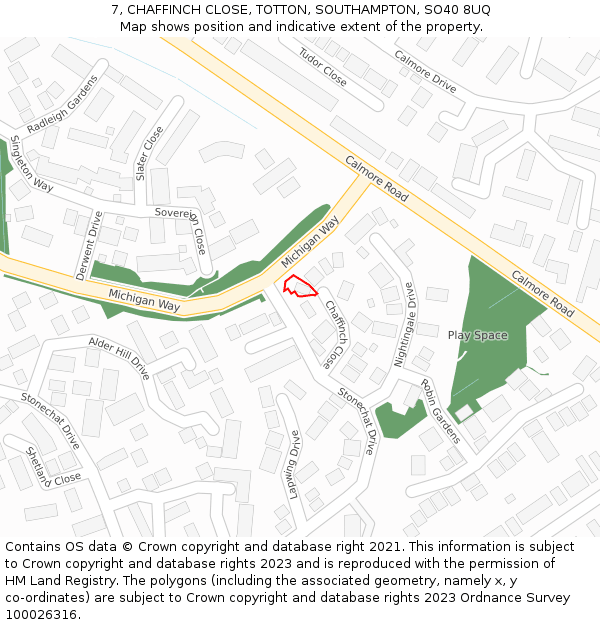 7, CHAFFINCH CLOSE, TOTTON, SOUTHAMPTON, SO40 8UQ: Location map and indicative extent of plot