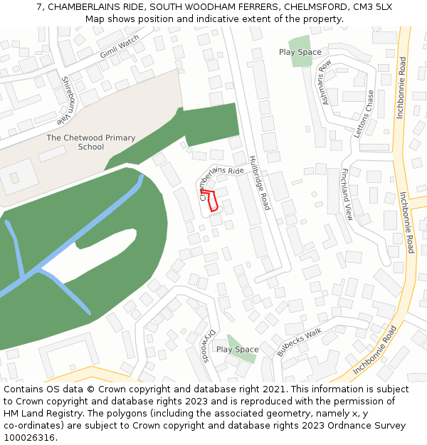 7, CHAMBERLAINS RIDE, SOUTH WOODHAM FERRERS, CHELMSFORD, CM3 5LX: Location map and indicative extent of plot