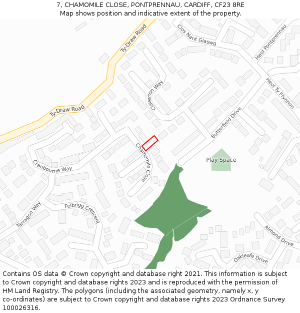 7, CHAMOMILE CLOSE, PONTPRENNAU, CARDIFF, CF23 8RE: Location map and indicative extent of plot