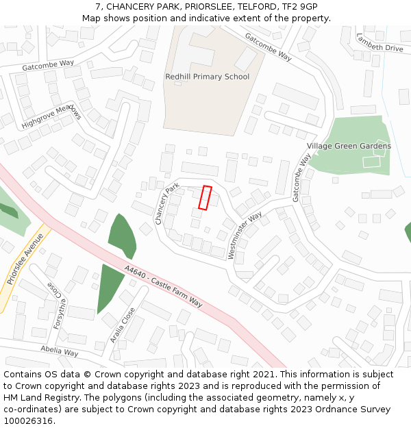 7, CHANCERY PARK, PRIORSLEE, TELFORD, TF2 9GP: Location map and indicative extent of plot